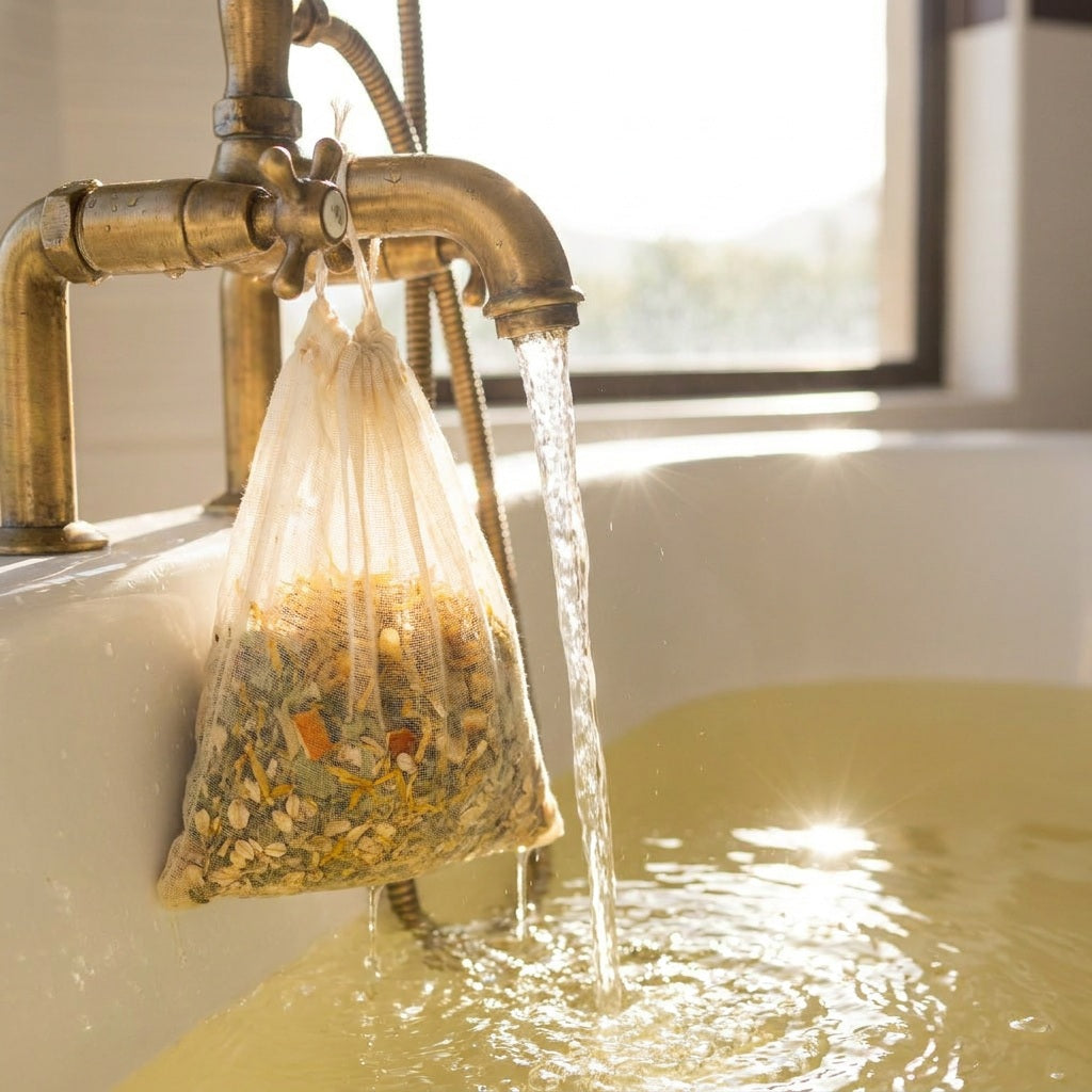 Sachet en coton de Bain Doré sous le robinet, eau dorée au soleil