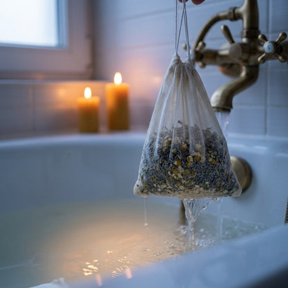 Sachet en coton de Bain de Lune sous le robinet : les plantes restent dans le sachet